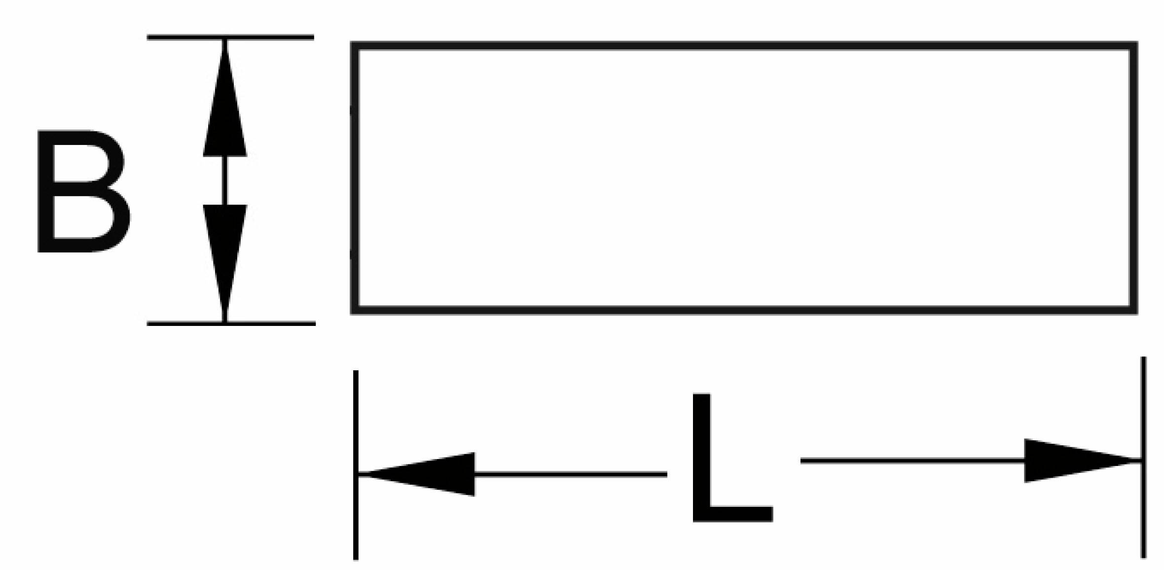 Rechteck mit Breite 'B' und Länge 'L', Pfeile zeigen Dimensionen.
