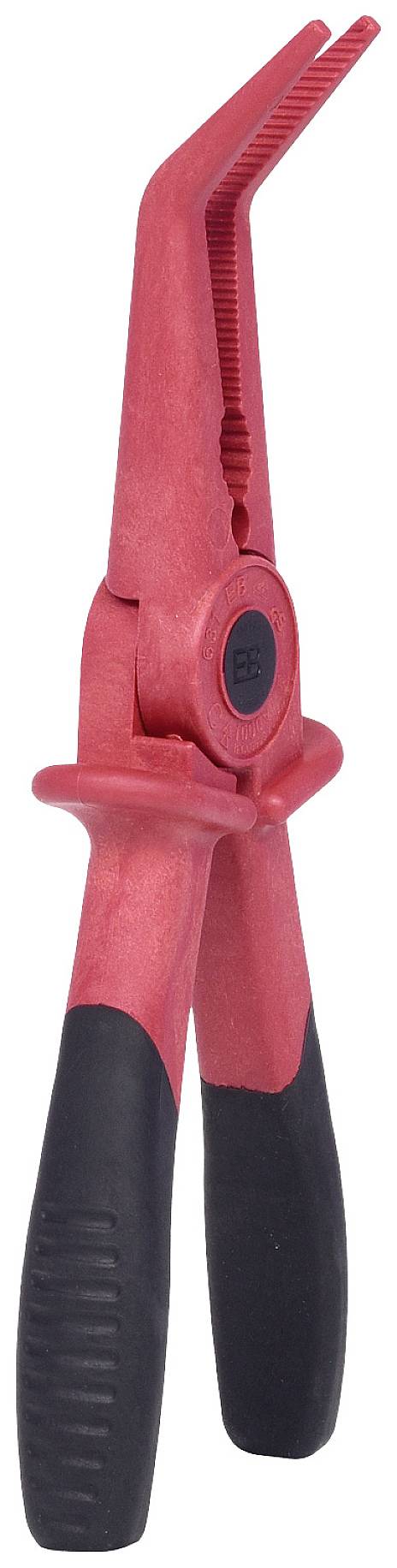 Rote Zange mit gebogener Spitze und schwarzem Griff, geeignet für präzise Arbeiten oder schwer zugängliche Stellen.