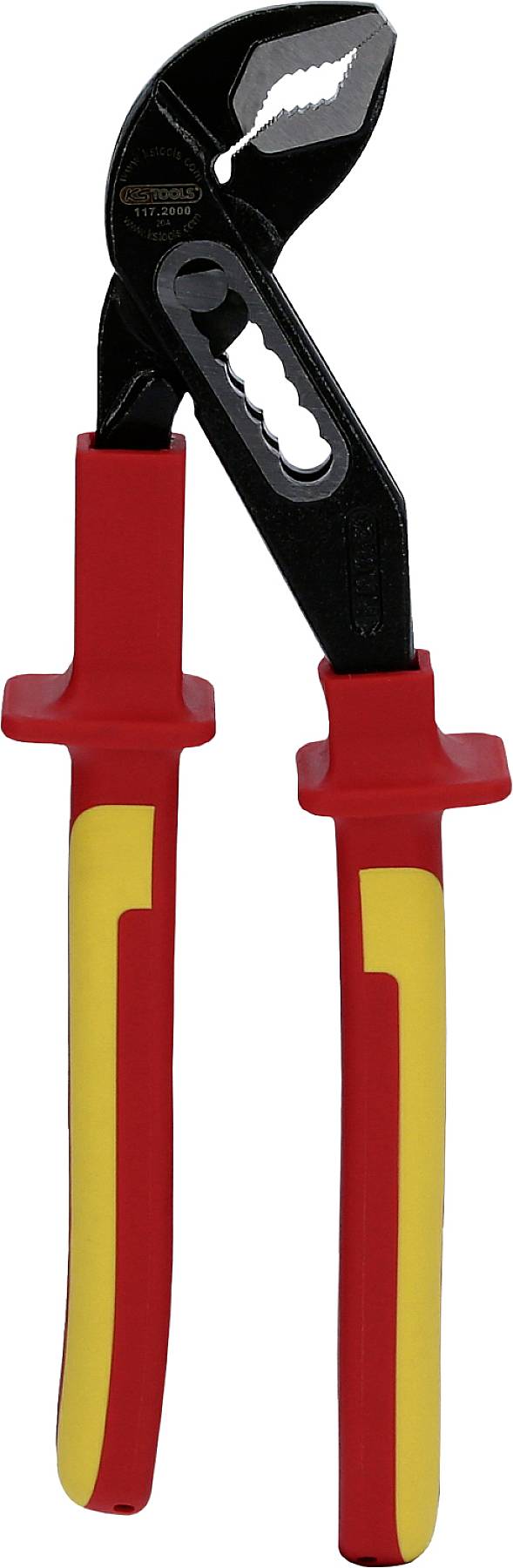 Rote und gelbe Wasserpumpenzange mit verstellbarem Griff. Sie wird zum Greifen und Drehen von Rohren und Muttern verwendet.
