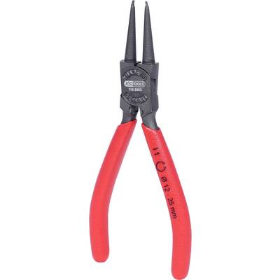 Eine rote Sprengringzange mit schwarzen Spitzen, geeignet für Ringe mit einem Durchmesser von 12 bis 25 mm.