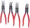 Vier Sprengringzangen mit roten Griffen, jeweils mit unterschiedlichen Spitzen: zwei nach innen gebogen und zwei gerade. Geeignet für Montagearbeiten.