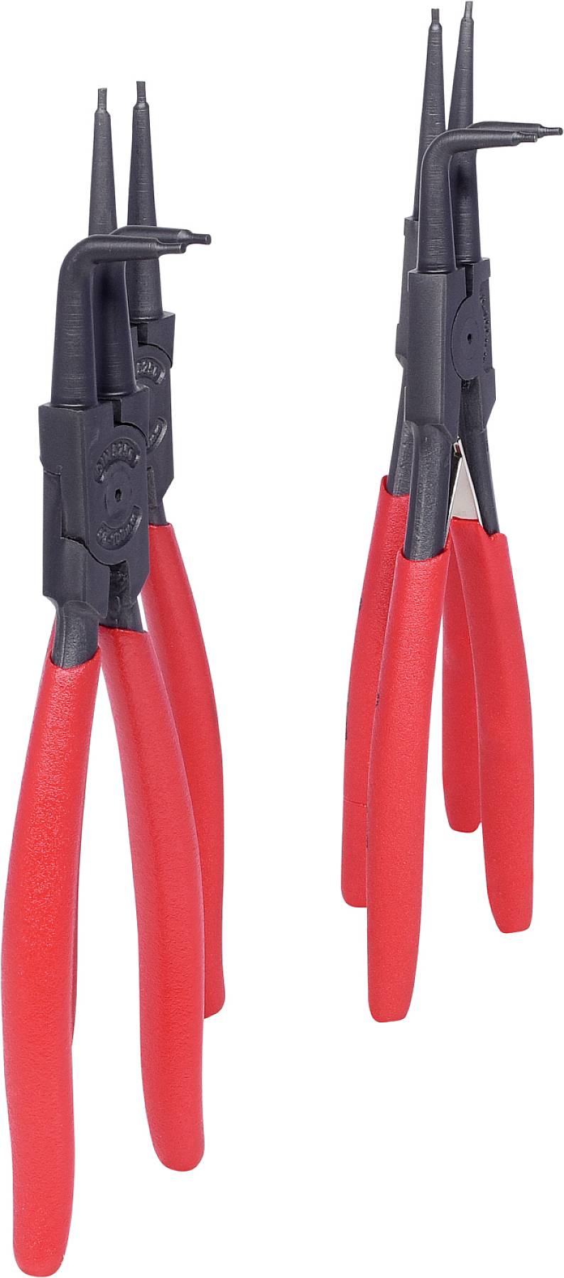 Zwei rote Sprengringzangen mit schwarzen Spitzen und Griffen, stehend in einem Winkel, zeigen Front- und Seitenansicht.