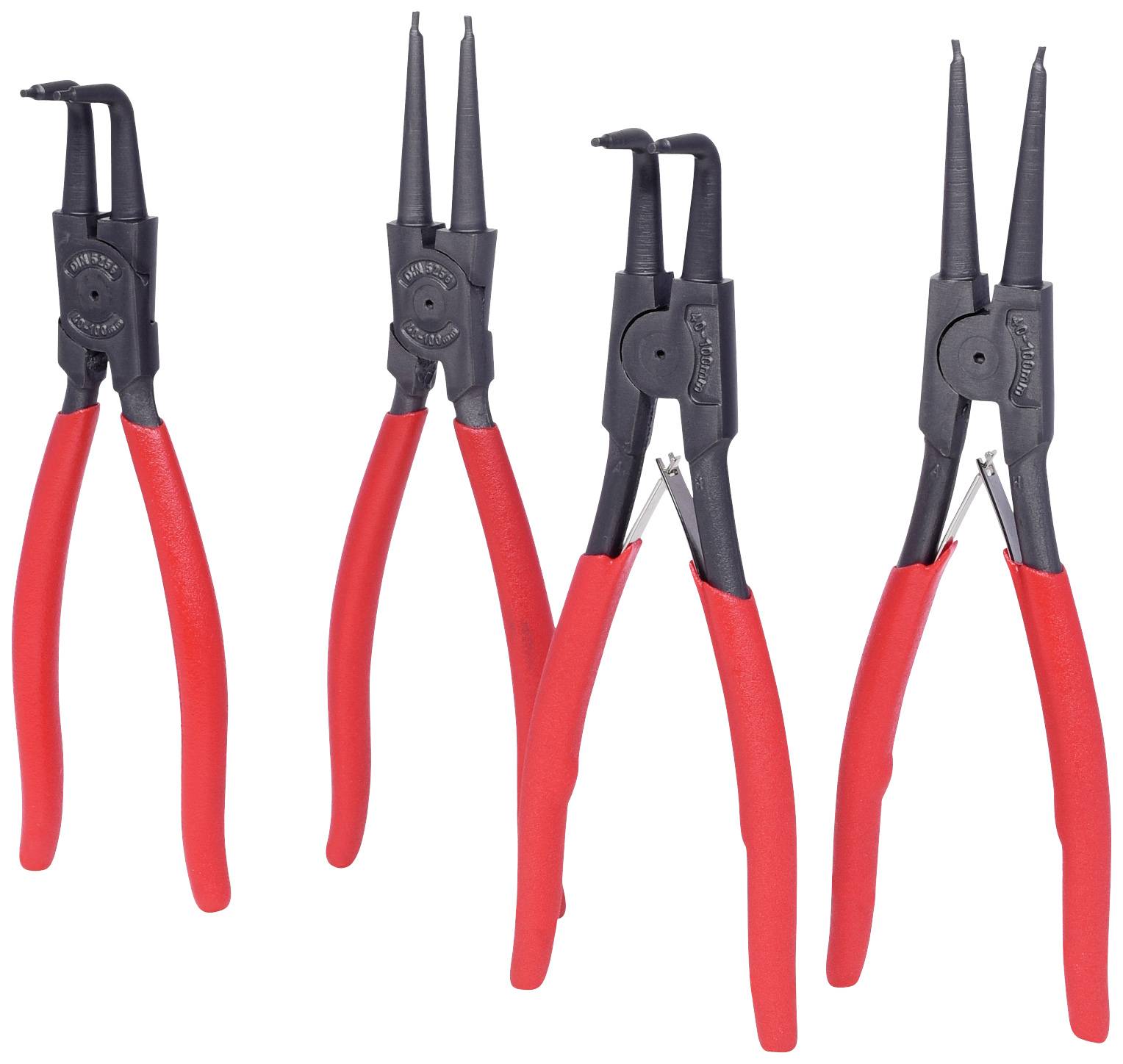 Vier Zangen mit roten Griffen, unterschiedlich geformte Spitzen, zum Entfernen von Sicherungsringen.