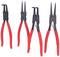 Vier Zangen mit roten Griffen, unterschiedlich geformte Spitzen, zum Entfernen von Sicherungsringen.