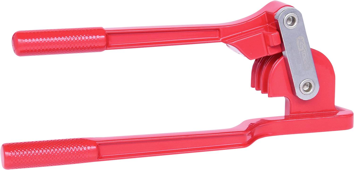 Ein roter Hebelwerkzeug zur Seilklemmenmontage aus Metall.