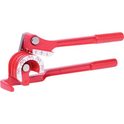 Eine rote Rohrbiegezange mit Skalenmarkierungen für verschiedene Biegegrade von 0 bis 180 Grad.