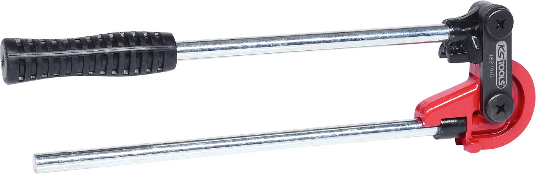 Eine Metall-Rohrbiegemaschine mit schwarzem Griff rechts und rotem Korpus links, ausgelegt für präzise Rohrbiegungen.