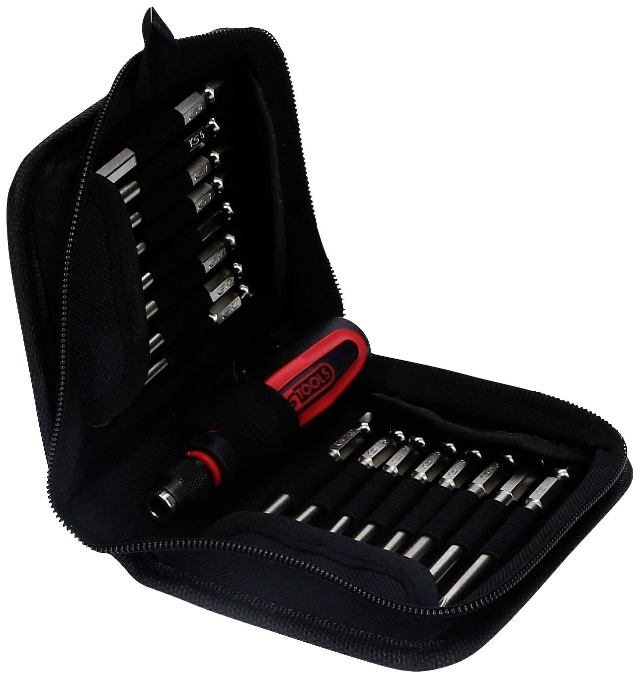 Ein geöffnetes Werkzeugset mit verschiedenen Schraubendreher-Bits und einem rot-schwarzen Griff in einer schwarzen Tasche.