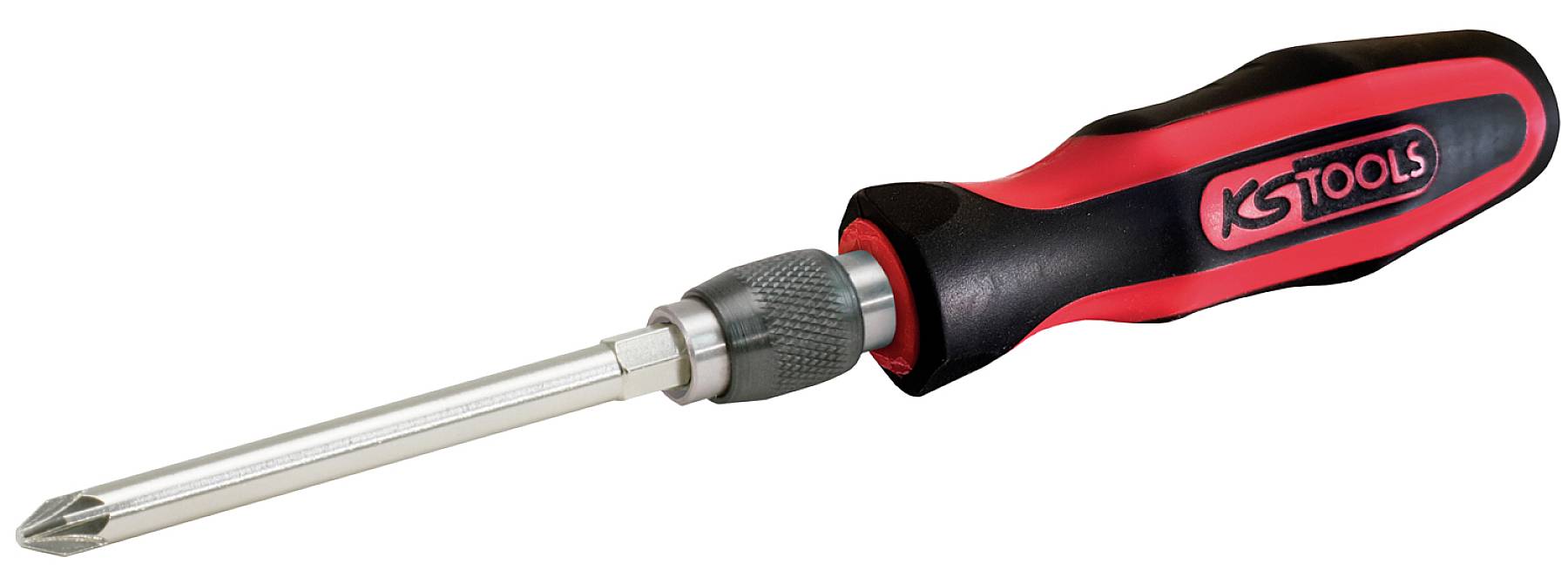Schraubendreher mit rotem und schwarzem Griff, auswechselbarer Kreuzschlitzspitze und Metallansatz. Markenname am Griff.