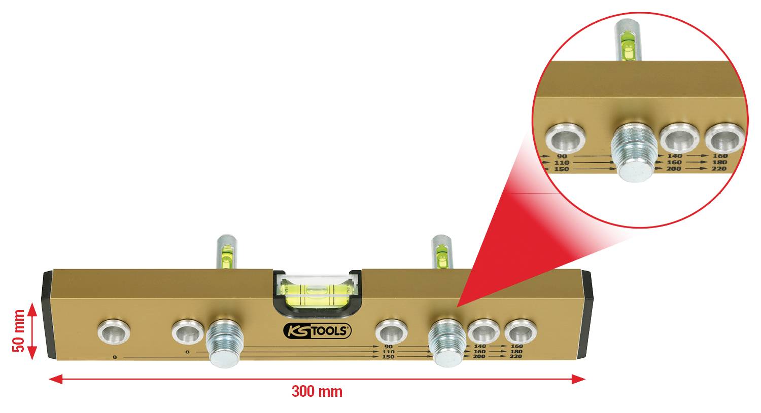 Wasserwaage von KS Tools mit vier Messpunkten. Die Länge beträgt 300 mm, Höhe 50 mm. Vergrößerter Bereich zeigt Messpunkte.