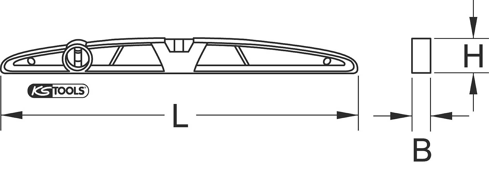Technische Zeichnung eines Wischerblatts von KS Tools mit den Maßen: Länge (L), Breite (B) und Höhe (H), zur Illustration der Abmessungen.