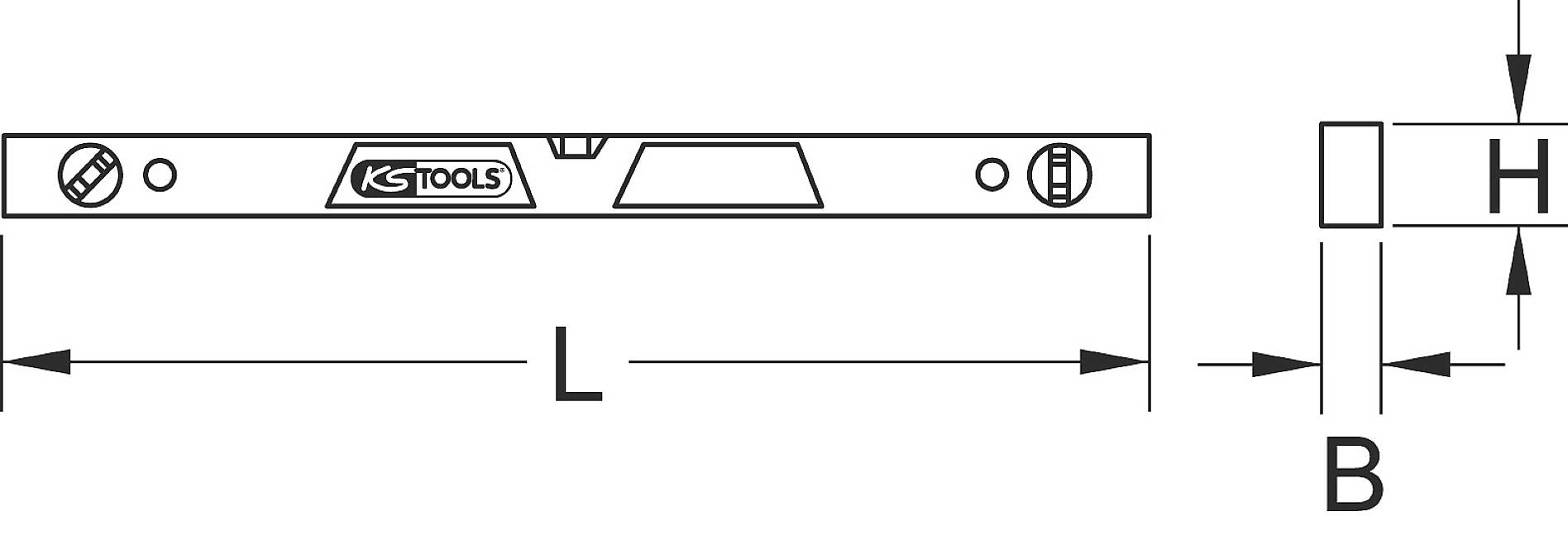 'Diagramm einer Wasserwaage mit Abmessungen L, B, H. Mittig ein Sichtfenster, an den Enden Kreise mit horizontalen Linien, die Libellen darstellen.'