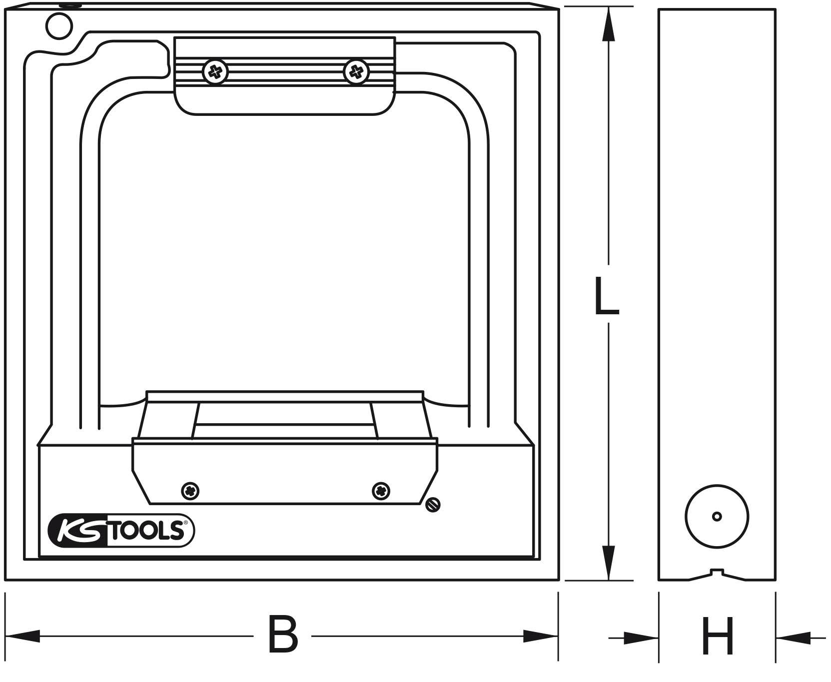 Technische Zeichnung eines quadratischen Gehäuses mit 'KS Tools'-Logo. Dargestellt sind Breite (B), Höhe (H) und Länge (L) mit Pfeilen.