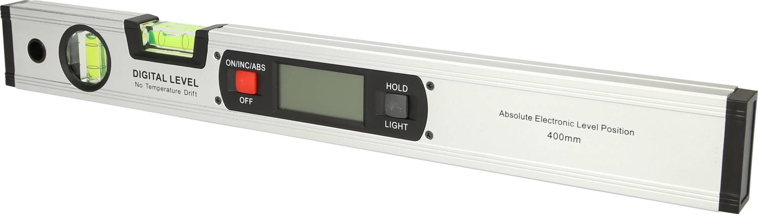 Elektronische Wasserwaage mit digitaler Anzeige, zwei Libellen und Längenangabe von 400 mm. Ideal zum präzisen Ausrichten.