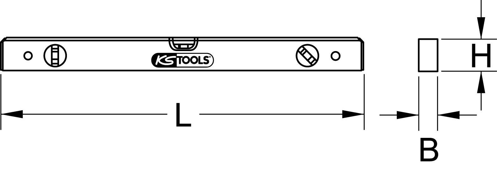 Eine technische Zeichnung zeigt eine Wasserwaage mit den Abmessungen: Länge (L), Breite (B) und Höhe (H) sowie das Logo 'KS Tools'.