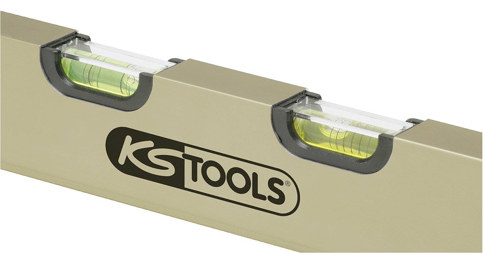 Wasserwaage mit zwei Libellen und 'KS TOOLS'-Logo, zeigt horizontale Ausrichtung an.