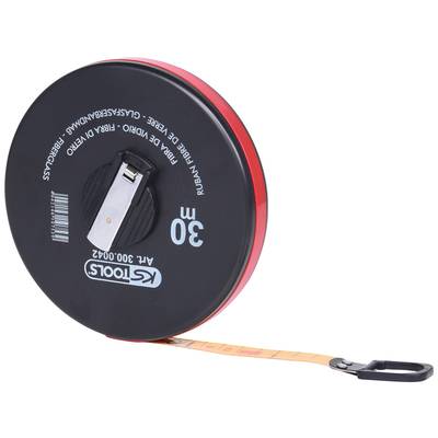 Schwarzes und rotes Rollmaßband mit 30 Metern Länge. Kunststoffgehäuse, Metallclip und Band mit Haken am Ende.