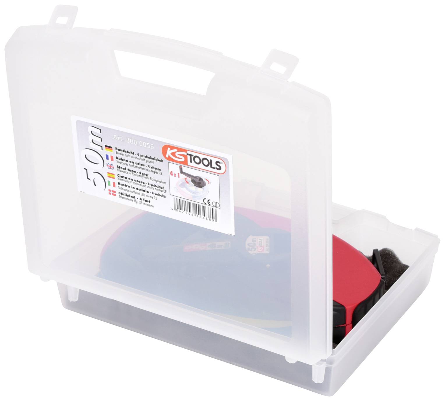 Transparente Kunststoffbox mit bunten Inhalt, Etikett mit 'KS Tools' Logo und Produktinformationen. Umhüllung für Werkzeuge oder Zubehör.