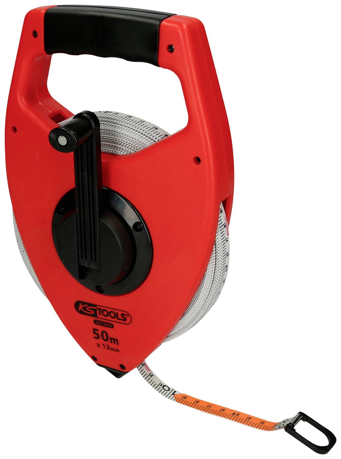 Rotes Maßband mit Kurbel, 50 m Länge, schwarzer Griff und Öse am Ende.