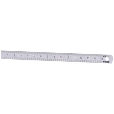 Ein silbernes Lineal mit Zentimeter- und Millimetereinteilungen von 1 bis 15.