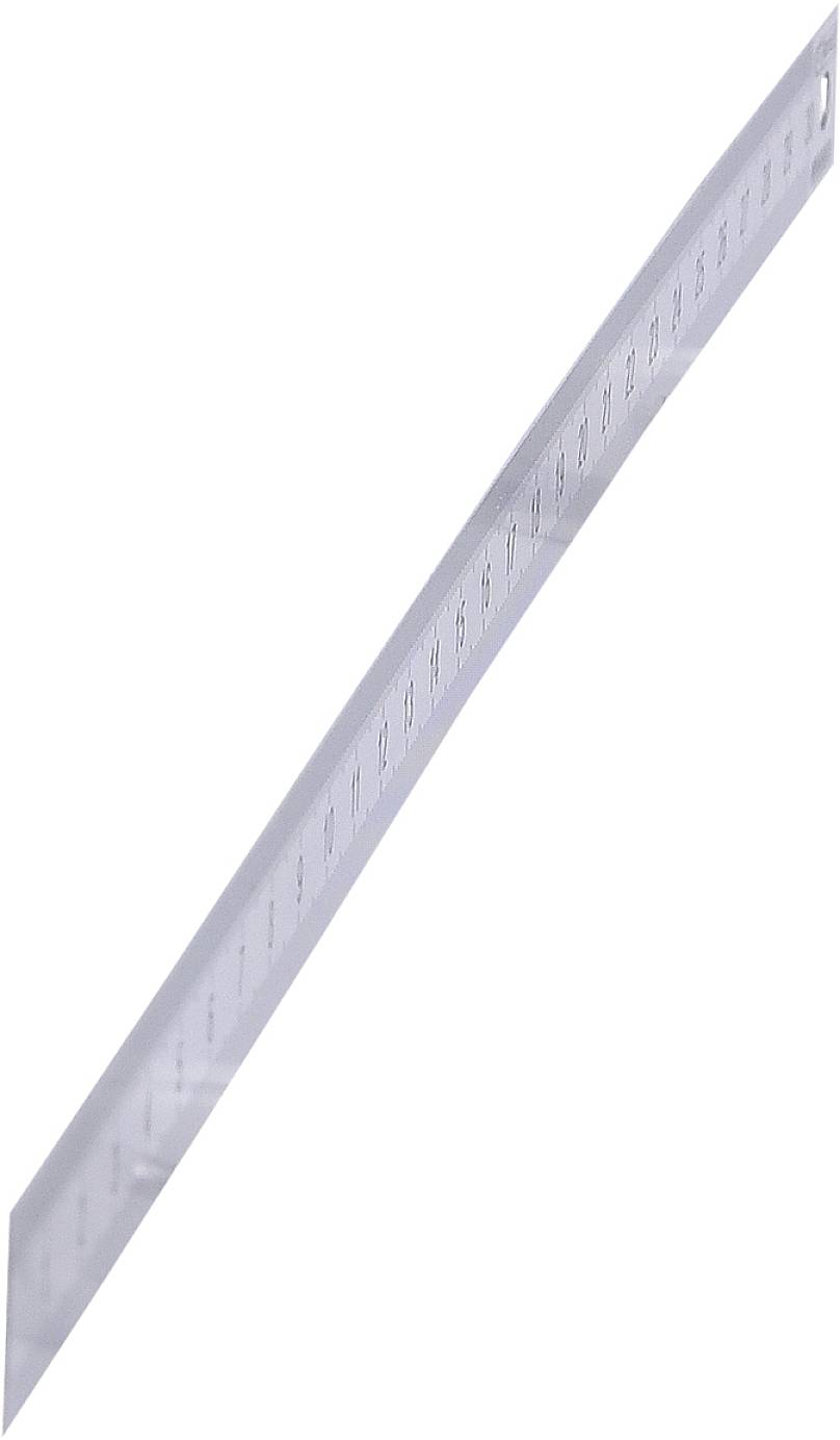 Ein langer, transparenter Lineal mit Zentimeter-Markierungen, leicht gebogen dargestellt.