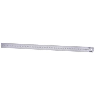 Ein silbernes Metalllineal mit Markierungen für Zentimeter und Millimeter, reicht bis 50 cm.
