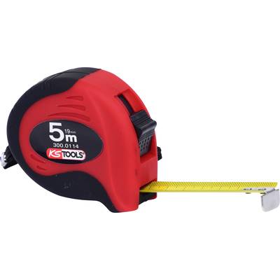 'Rotes Maßband, 5 Meter lang, mit KS Tools Logo, ausgezogenes gelbes Band.'