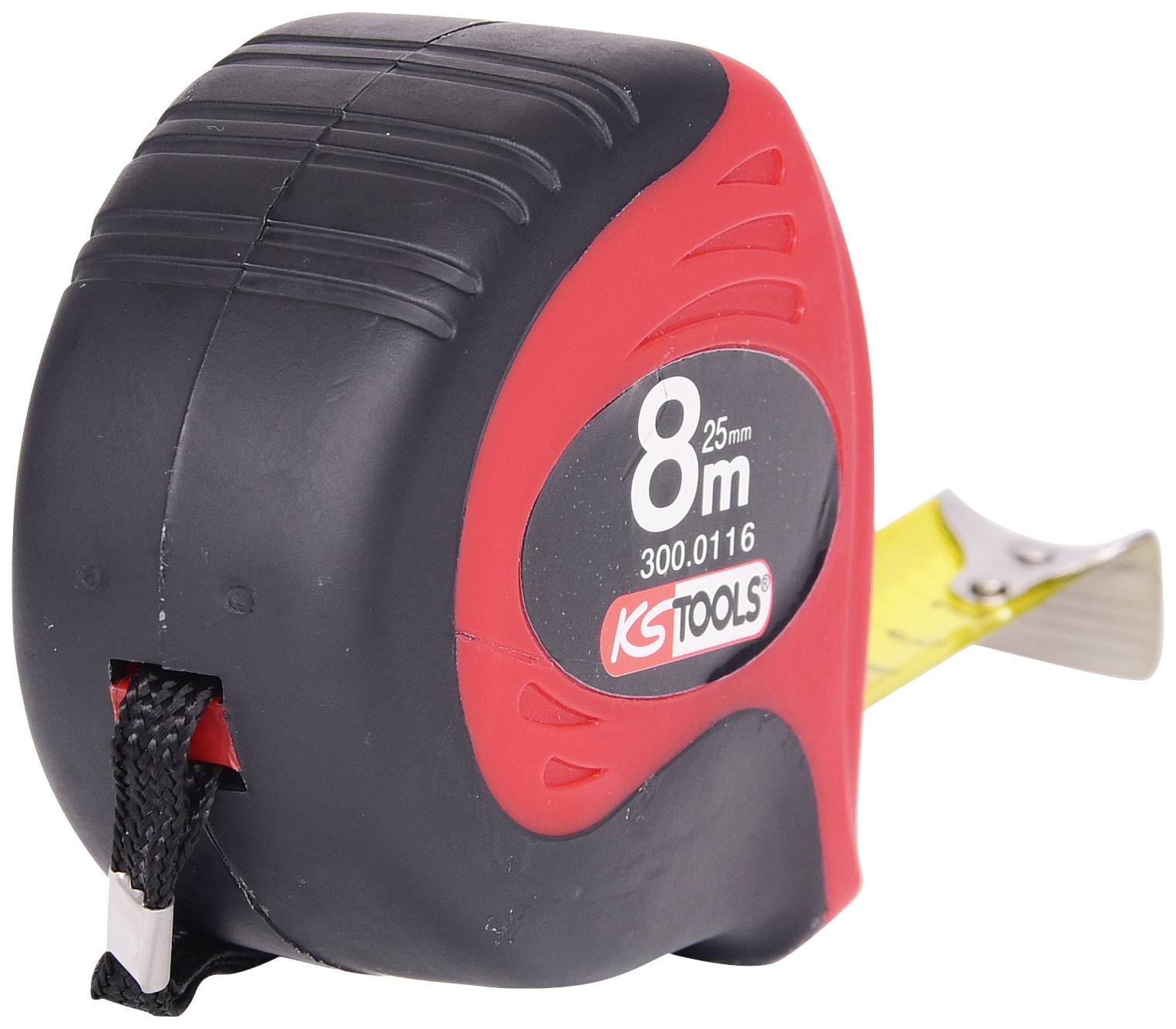 Schwarzes und rotes Bandmaß der Marke 'KS Tools' mit einer Länge von 8 Metern, teilweise ausgezogen mit gelbem Band und Zentimeter-Markierungen.