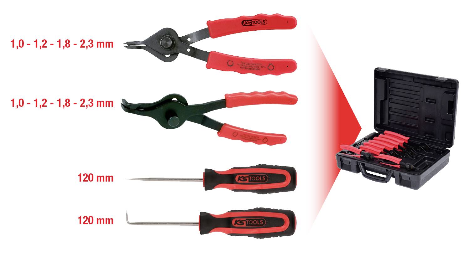 'Satz von vier Spezialwerkzeugen: Clipszangen für 1,0-2,3 mm und Stifte von 120 mm Länge. Gezeigt mit rotem Handgriff im Koffer.'