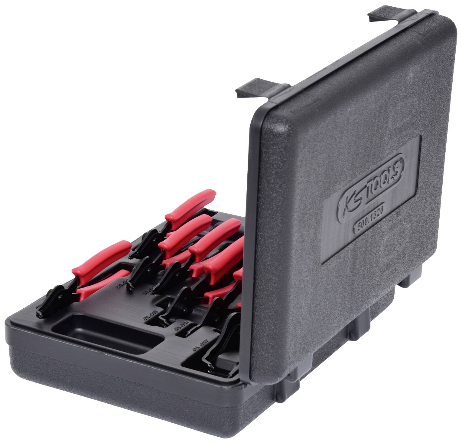 Ein schwarzer Werkzeugkoffer geöffnet, zeigt sechs rote Zangen mit schwarzen Griffen ordentlich angeordnet.