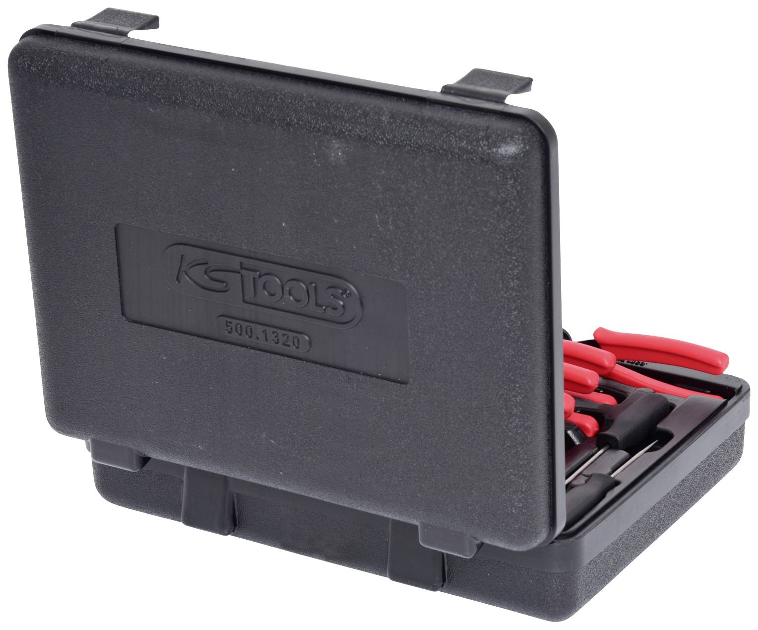 Schwarzer Werkzeugkoffer von KS Tools mit roten Griffen, teilweise geöffnet. Enthält verschiedene Werkzeuge für Reparaturarbeiten.
