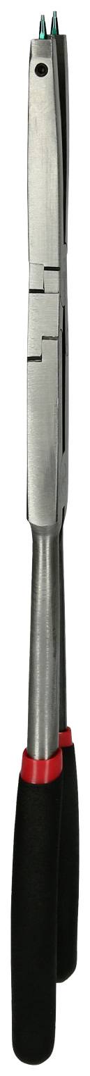 Ein silberner Metallgriff, möglicherweise ein Werkzeuggriff, mit schwarzem Griff und roten Akzenten.