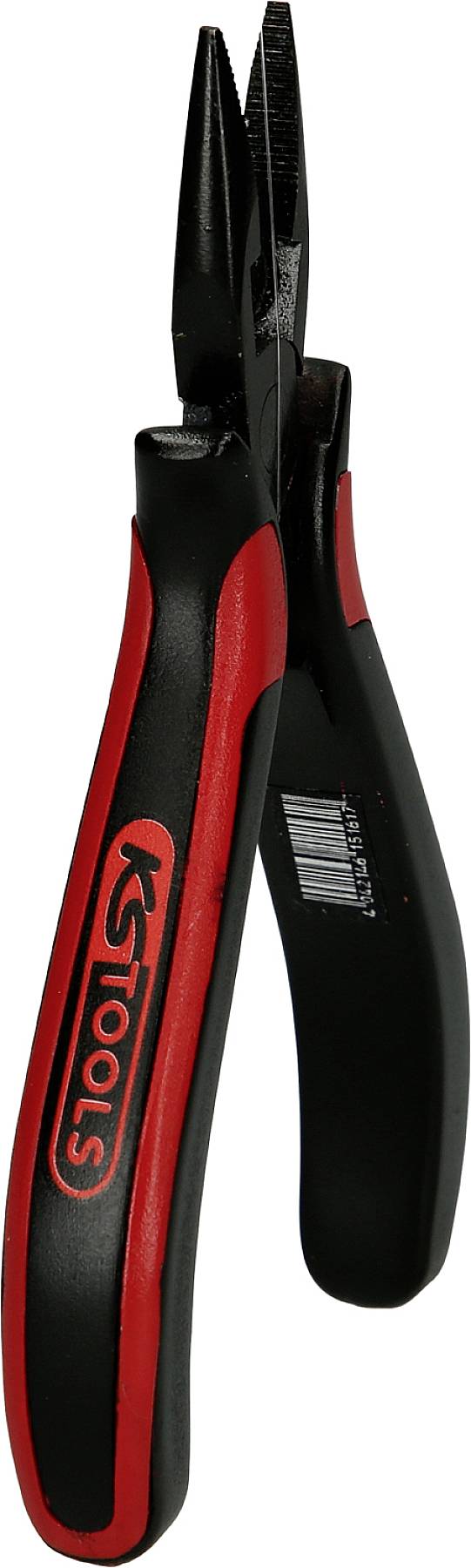 Rote und schwarze Spitzzange mit rutschfestem Griff, geeignet für präzise Arbeiten in mechanischen oder elektrischen Anwendungen.