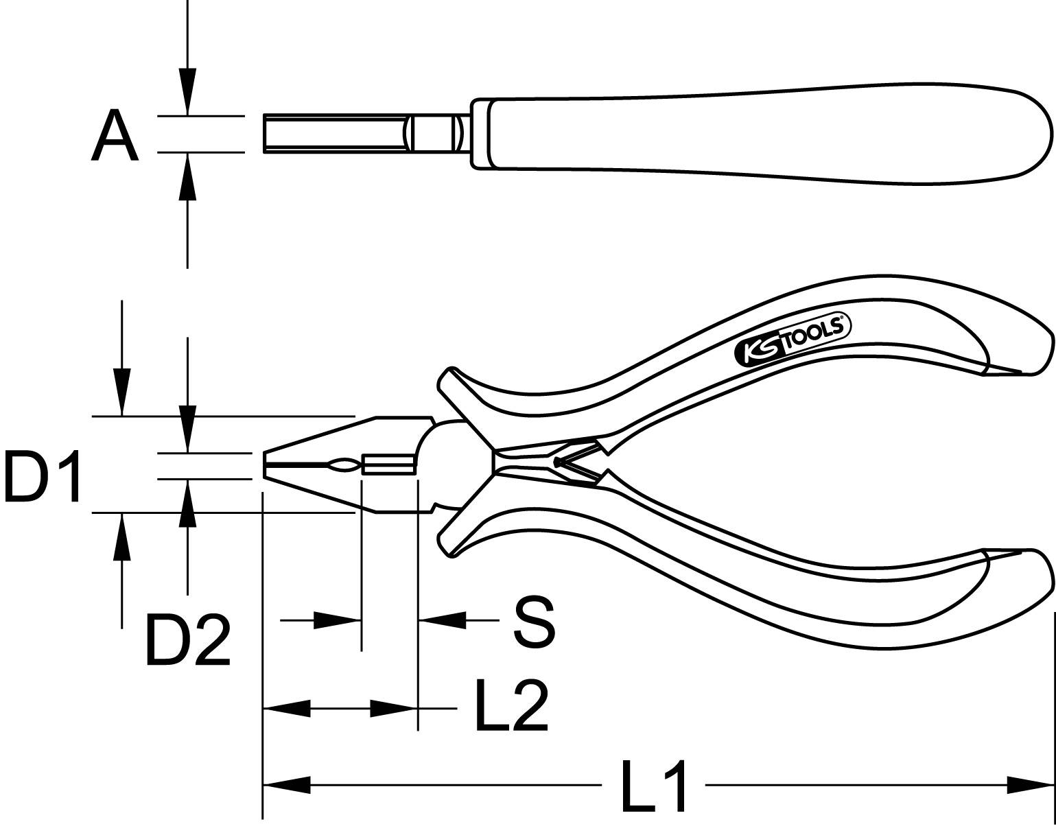 'Technische Zeichnung einer Spitzzange und einem Flachschraubendreher mit Maßangaben: Gesamtlänge (L1, L2), Griffbreite (D1, D2) und Schraubendreherdicke (S).'