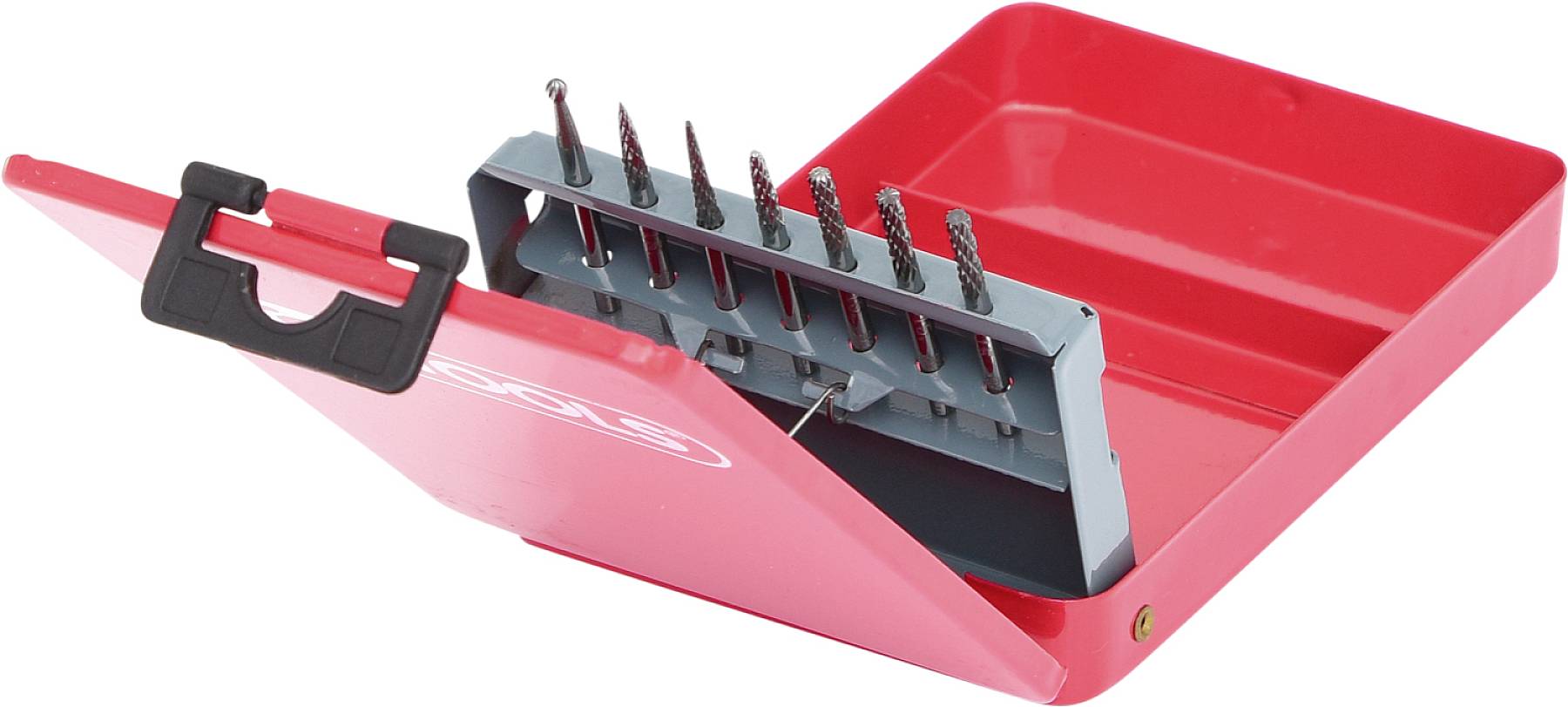 Ein rotes metallisches Etui mit mehreren Bohrern unterschiedlicher Größe in einem Halter, geöffnet und bereit zur Verwendung.