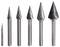 Sechs konische Hartmetallfrässtifte in unterschiedlichen Größen, mit gezahnter Oberfläche, geeignet für Metallbearbeitung.