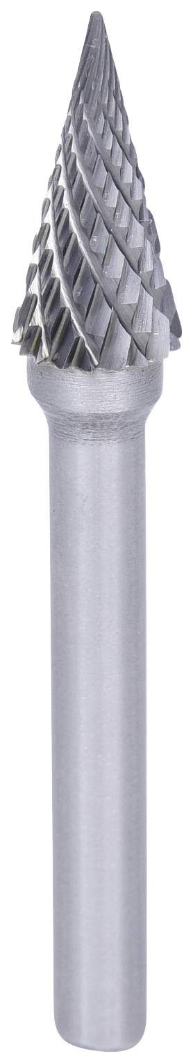 Ein kegelförmiger Frässtift aus Metall, geeignet zum Fräsen von Materialien wie Metall oder Kunststoff. Ideal für präzise Schleifarbeiten.