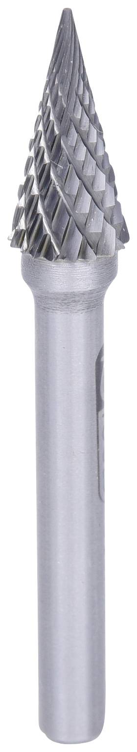 Metall-Frässtift mit konisch zulaufendem Kopf und scharfen Rillen zur Materialbearbeitung.