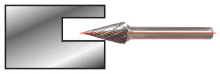 Frässtift bearbeitet rechteckige Metallöffnung; rote Linie zeigt Arbeitsrichtung.