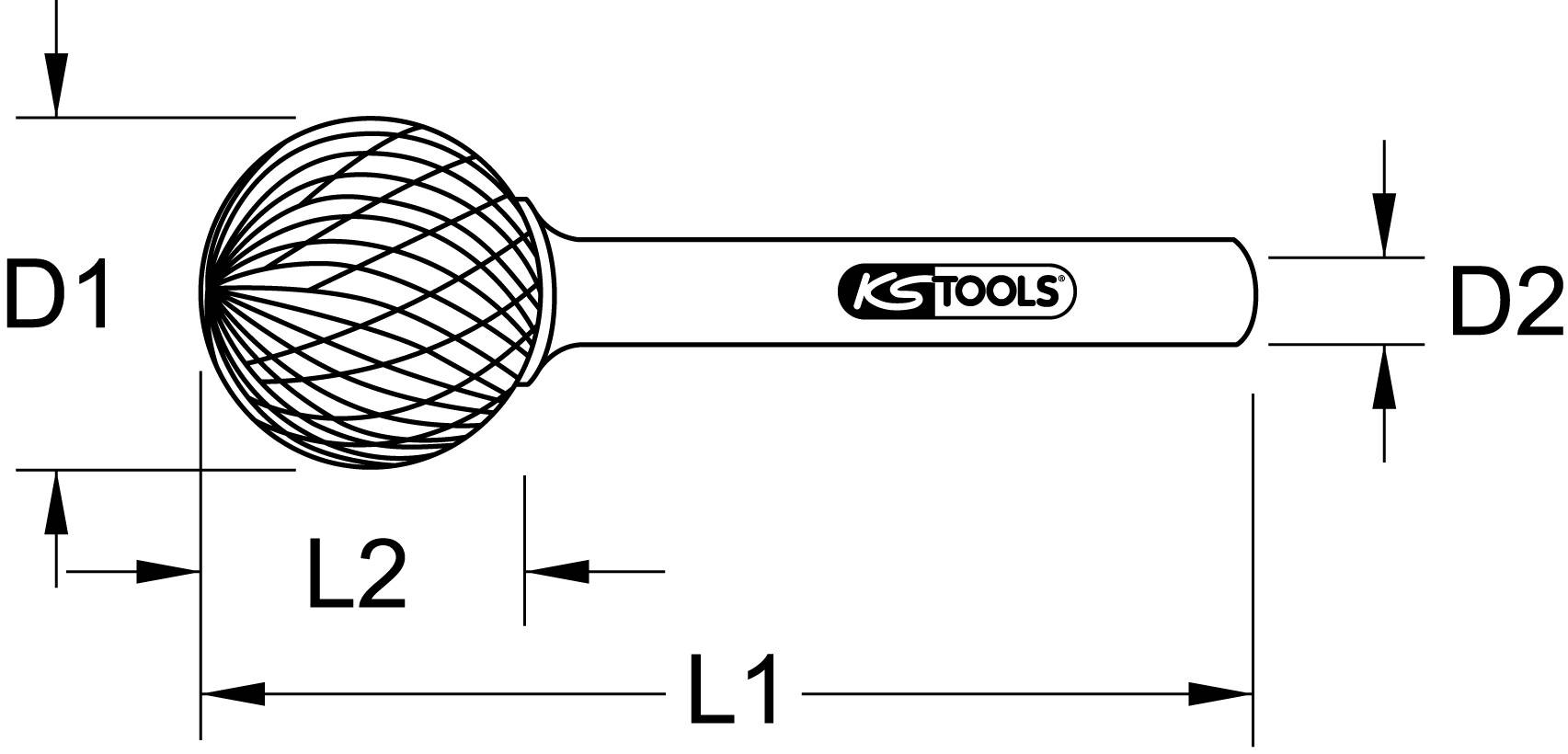 Technische Zeichnung eines Frässtifts mit kugelförmigem Kopf. Maße: Kopf-Durchmesser 'D1', Griff-Durchmesser 'D2', Gesamtlänge 'L1', Kopf-Länge 'L2'.