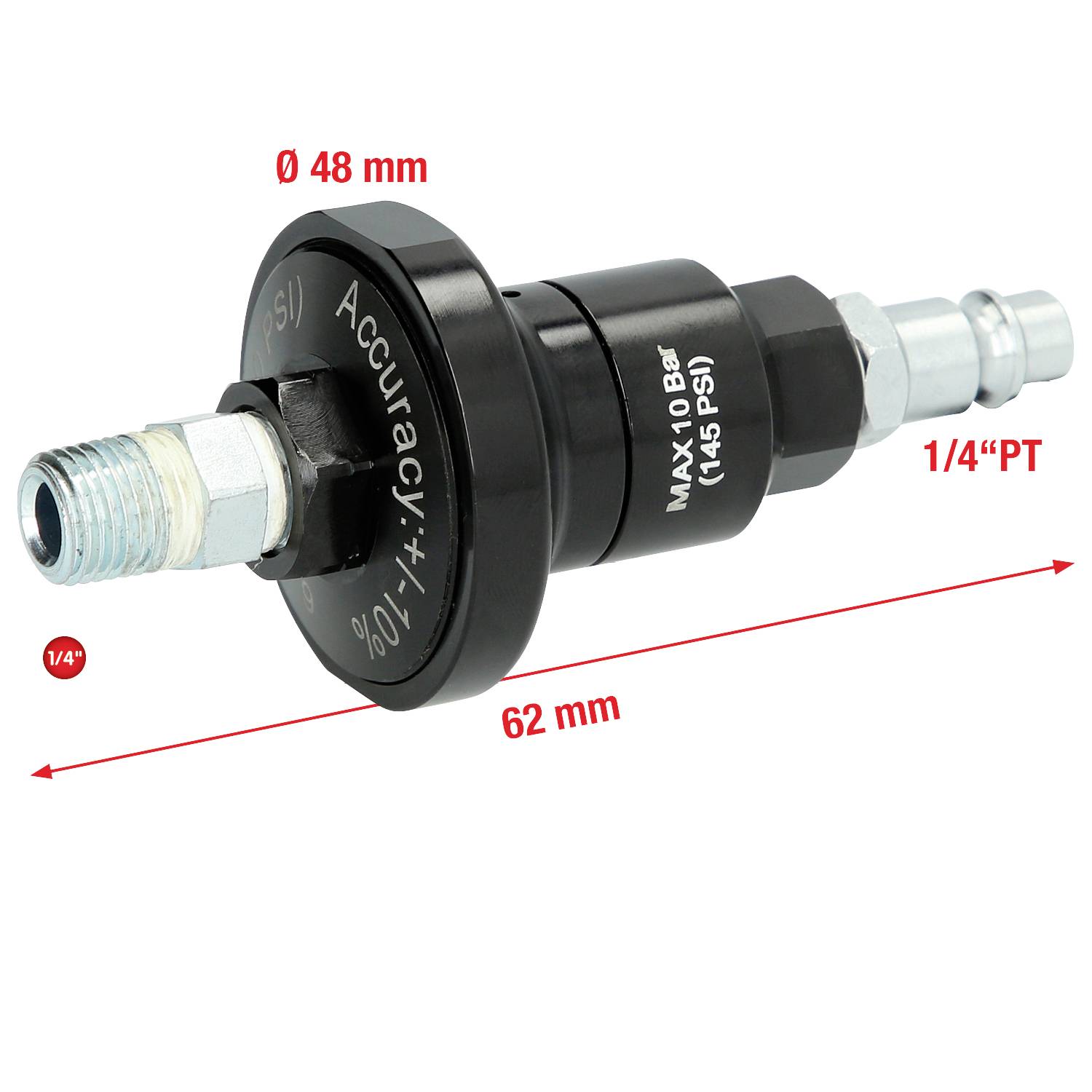 Druckmesseradapter, 62 mm lang, mit Ø 48 mm, Genauigkeit ±1,0 %, maximaler Druck 10 Bar (145 PSI), Anschluss 1/4" PT.