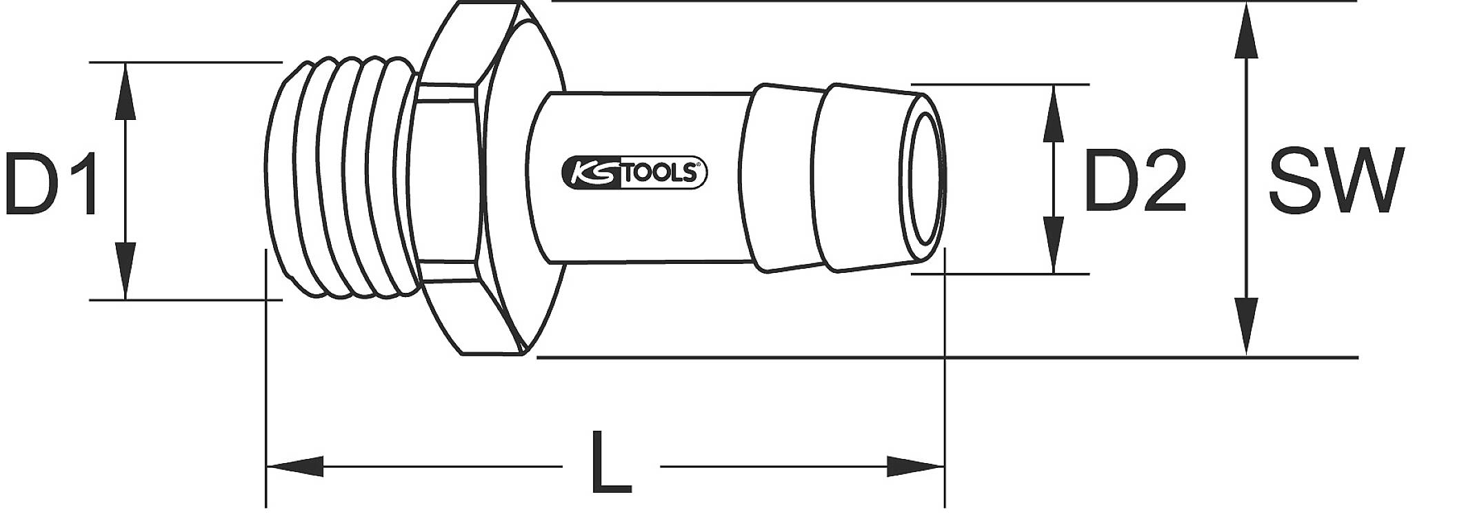 Technische Zeichnung eines Gewindenippels mit Maßangaben: D1, D2, SW, L. Enthält das Logo 'KS Tools'.