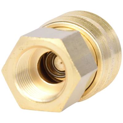 Eine goldfarbene Sechskantmutter mit Öffnung nach vorne, oft für Rohrverbindungen verwendet.