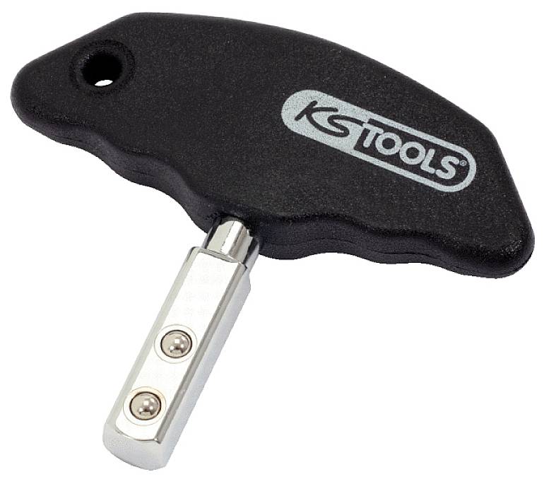 Schwarzer Griffschlüssel von KS Tools mit metallischem Schaft und zwei Bolzen, verwendet zur Sicherung oder Einstellung von Werkzeugen.