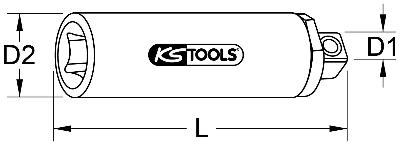 Abbildung eines Steckschlüssels von KS TOOLS mit den Maßen Länge (L), Durchmesser außen (D2) und Antriebsdurchmesser (D1).