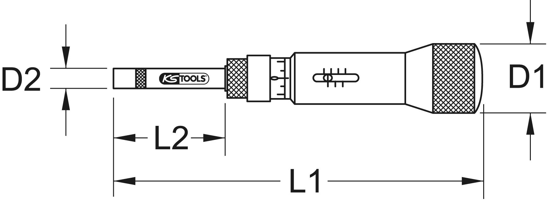 Technische Zeichnung eines Schraubendrehers mit Markierungen für Durchmesser D1, D2 und Längen L1, L2.