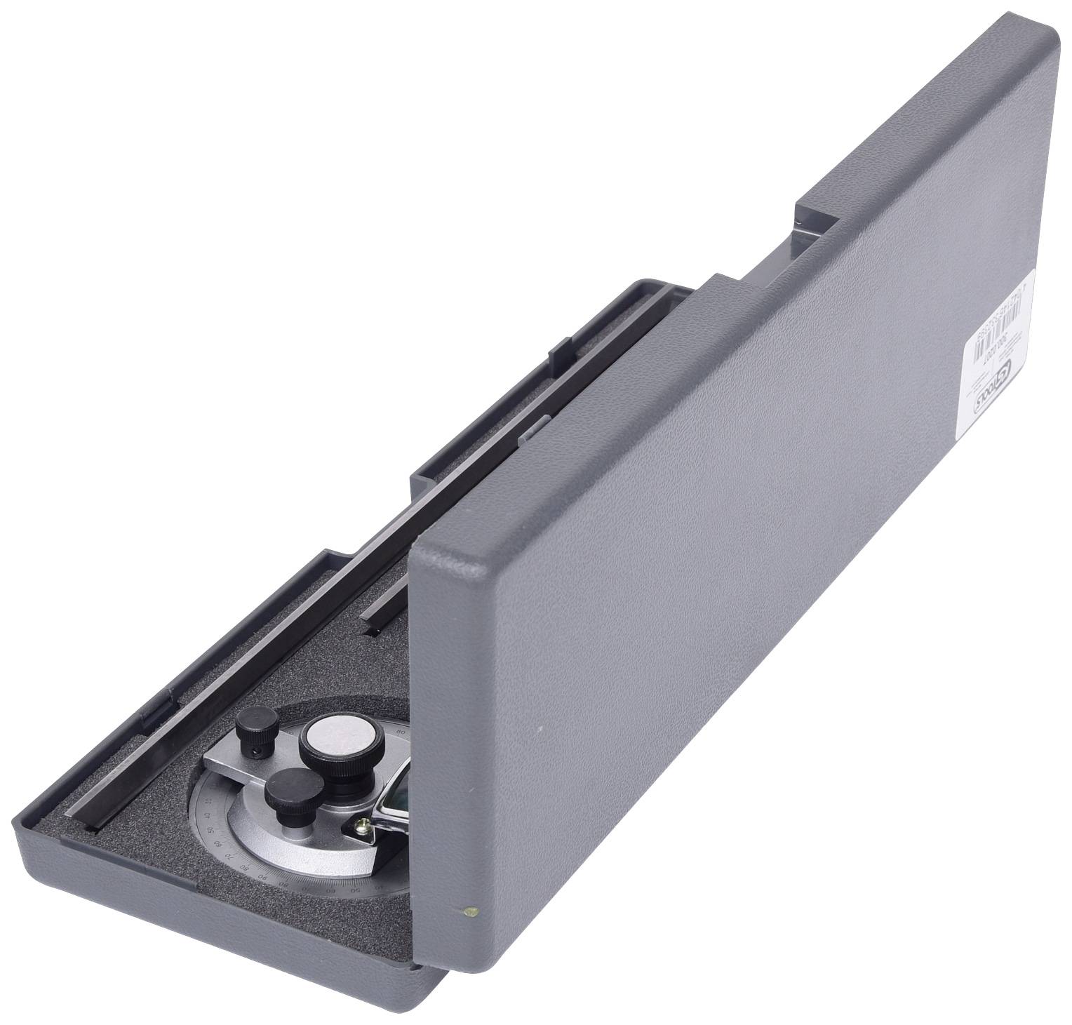 Graues Gehäuse mit offenem Deckel zeigt ein technisches Gerät innerlich, bestehend aus Metall- und Kunststoffkomponenten.