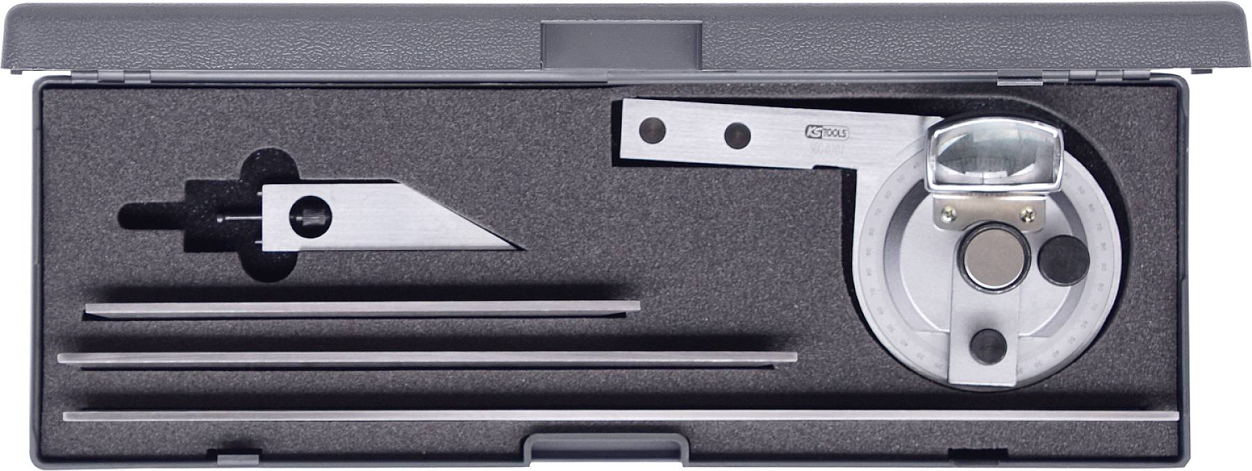 Ein Kasten mit einem Gehrungswinkelmesser und Zubehörteilen, zur präzisen Messung von Winkeln, auf schwarzem Schaumstoffboden.