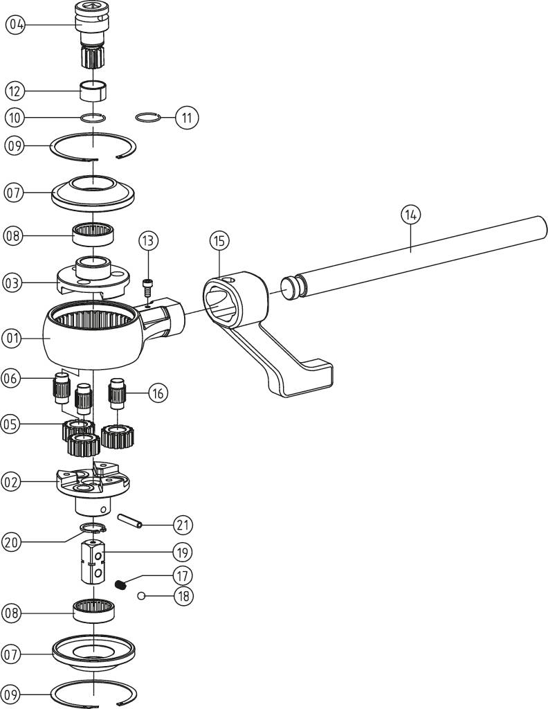 Explosionszeichnung eines mechanischen Hebelwerks mit nummerierten Teilen, einschließlich Hebel, Schrauben und Dichtungen.