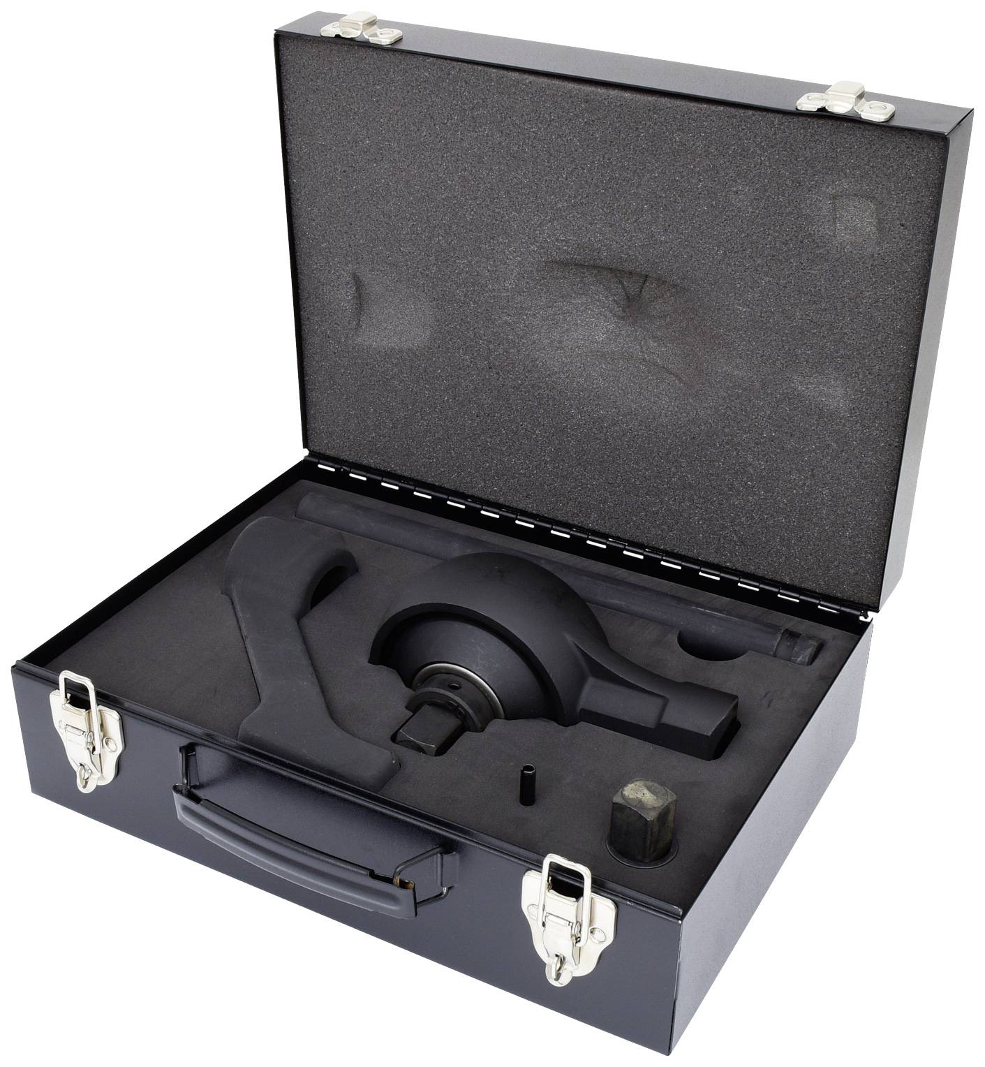 Ein schwarzer Koffer mit Schaumstoffeinlage, die ein Mikrofon und Zubehör sicher hält. Der Koffer ist geöffnet und zeigt den Inhalt.